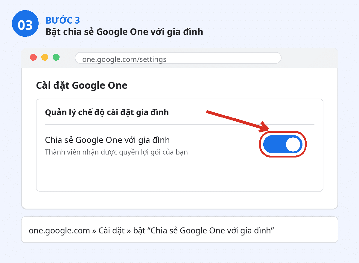 Hướng Dẫn Chia Sẻ Gói Google AI Pro Cho Thành Viên Gia Đình 3 Bước 3 – Bật Chia sẻ Google One với gia đình trong Cài đặt
