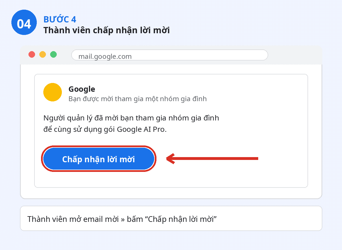 Hướng Dẫn Chia Sẻ Gói Google AI Pro Cho Thành Viên Gia Đình 4 Bước 4 – Thành viên chấp nhận lời mời qua email